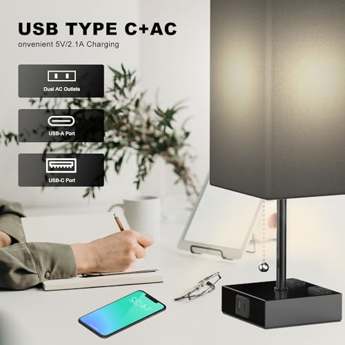 YIDPU Table Lamp for Bedroom with USB,Bedside Lamp with USB C+A Charging Ports,Adjustable 3color LED Light for Home Decor/Nightstand/Office,Included Bulb and Fabric Lamp Shade (Linen Black, 1PCS) - color: Linen Black, size: 1PCS