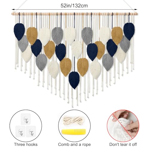Macrame Wall Hanging, Boho Handmade Woven Leaf Tapestry, Chic Wall Art Decor for Bedroom Living room Nursery Apartment Ornament (51.5" W x 33.5" L) - color: Dark Blue-51.5"W x 33.5"L