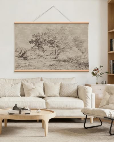 VIYYIEA Extra Large Canvas Wall Art, 36x54 Inch Vintage Landscape Sketch, Neutral Antique Nature Wall Decor for Living Room or Bedroom, Above Sofa - color: Dancing Tree Shadows