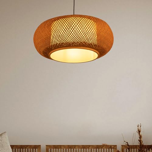 Rattan Pendant Lights, 24inch Handmade Bamboo Wicker Rattan Pendant Light Fixture Asian Retro Hanging Lamp Ceiling Lamp, Height Adjustable for Kitchen Island, Dining Room, Living Room, Bedroom
