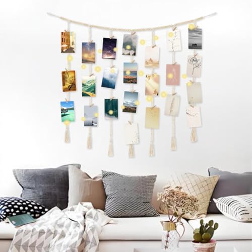 Macrame Hanging Photo Display with String Lights,Boho Wall Decor Picture Card Frame Holder with 45 Clips for Teen Room, Beach Room Decor, Hanging Photo Display with Clips