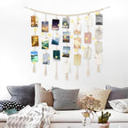 Macrame Hanging Photo Display with String Lights,Boho Wall Decor Picture Card Frame Holder with 45 Clips for Teen Room, Beach Room Decor, Hanging Photo Display with Clips