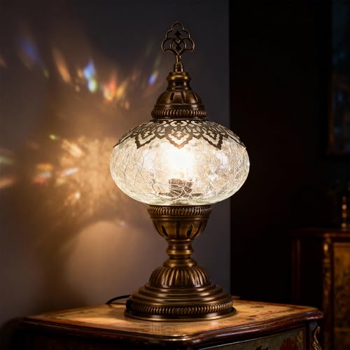 Cracked Clear Moroccan Mosaic Table Lamp – Handmade Turkish Glass, Light Bulb Included, Boho Chic Bedside & Living Room Accent - color: Crack Clear-69