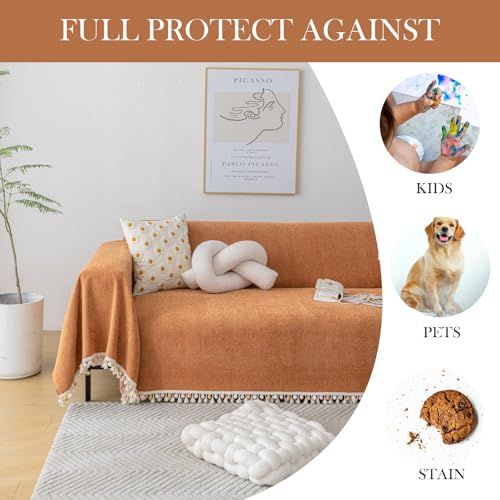 HANDONTIME Dark Orange Sofa Covers Couch Cover for Dogs Colorful Tassel Lovetseat Covers Pet Couch Cover Bohemian Sofa Cover for Couch Vintage Boho Couch Covers Futon Cover Pet-Friendly, 71" X118" - color: Tassel Ball: Orange, size: 71" x 118"