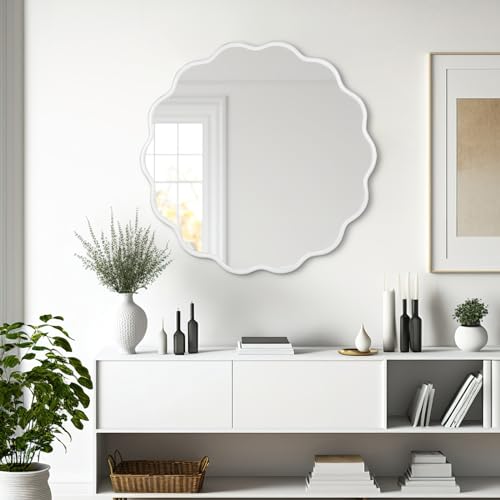 White Round Wavy Mirror for Wall 22 inch Nursery Mirror Decorative Metal Circle Mirrors Scalloped White Hanging Mirror for Bathroom,Bedroom, Dresser, Living Room,Entryway - size: 22"L x 22"W