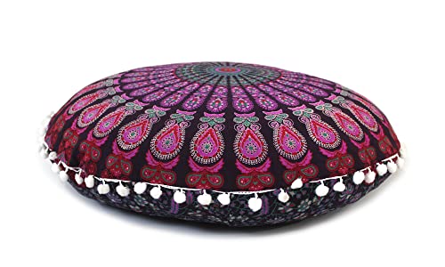 Round Mandala Floor Pillow Cover Seating Cushion Throw Cover Hippie Decorative Bohemian Ottoman Pouf Cover, Pom Pom Pillow Cases,Boho Indian 22 Inches (Pink and White) - color: Pink and White