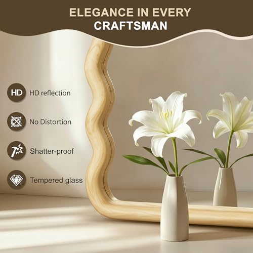 Full Length Mirror, 55"x28" Boho Wavy Wood Floor Mirror, for Bathroom, Bedroom, Living Room, Cloakroom, Entryway - size: 55"L x 28"W