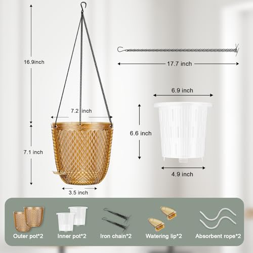 QCQHDU Hanging Planters for Indoor Plants, 2-Pack, 7.2 Inch, Gold | Plastic, Self Watering Plant Hanger, with Drainage Holes, 3 Hooks Chains, For Garden Home - color: Gold, size: 7.2in