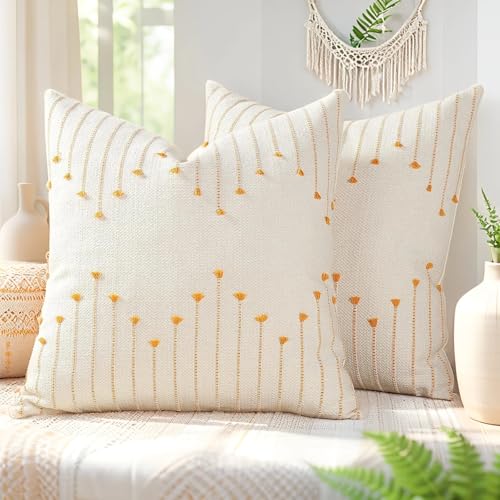 Boho Throw Pillow Covers 18x18 Set of 2,Soft Resistant Washable Outdoor | Yellow Textured Woven Cotton Decorative Cushion Covers with Hidden Zipper,RV Couch Sofa Bed Patio Beach, Coastal Decor - color: Yellow, size: 18" x 18" (Pack of 2)