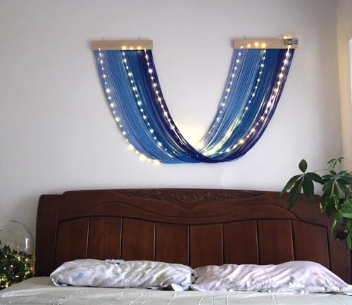 Macrame Fairy Lights Battery Operated with Remote,Large Macrame Wall Hanging with 20ft 100 LED String Lights, Blue Gradient Warm White Light for Living Room,Bedroom,Christmas,Holiday Deco - color: Blue-Warm White