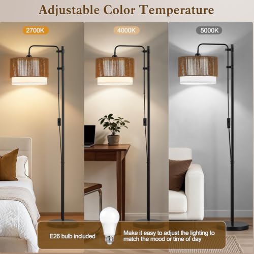 GyroVu Rattan Floor Lamps for Living Room, Farmhouse Boho Arc Standing Lamp, 3 Color Temperatures LED Bulb Included, Handwoven Tall Lamps for Bedroom, Home Office, Corner - color: Black+Rattan