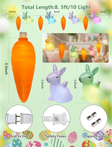 LED Easter Bunny Carrot String Lights, 8.5Ft Plug in Rabbit Lights Indoor Easter Decorations, 10 Multicolor Bunny Carrots for Outdoor Party Birthday Garden Spring Home Decor for Kids - color: Multicolor Rabbits Carrot