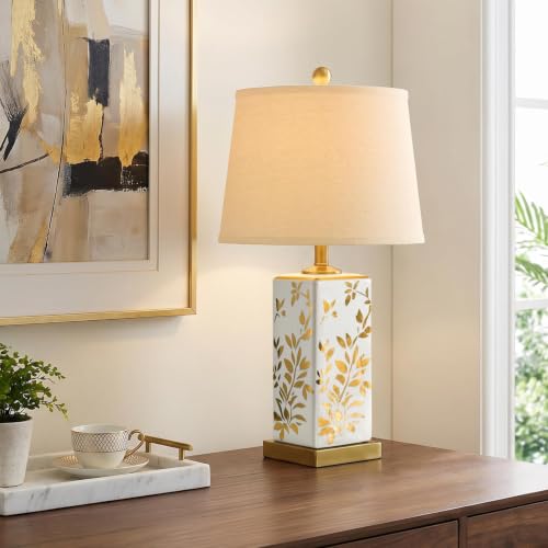 24.25" Mid Century Modern Lamp Set of 2, Vintage Farmhouse Chinoiserie Ceramic Table Lamps, Reflective Gold Leaf Pattern Bedside Lamps for Bedroom Living Room Nightstand, White & Gold - style: Reflective Gold Leaf
