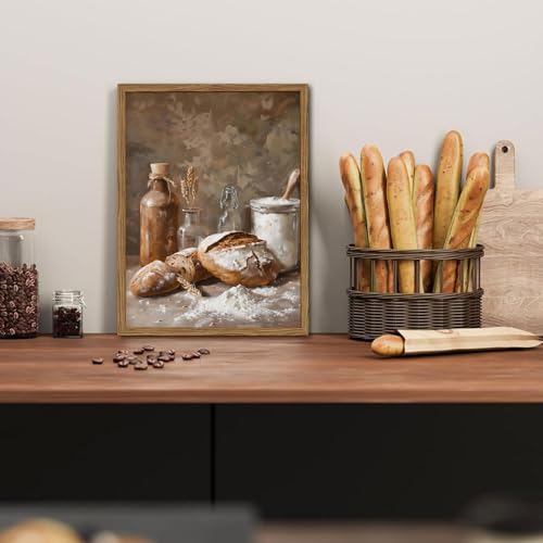 Framed Vintage Kitchen Wall Art, Rustic Bread and Flour Pictures Wall Decor Paintings, Farmhouse Food Poster Canvas Prints Country Home Decor for Dining Room Living Room Bakery 12x16 inch - color: Bread, size: 16"L x 12"W