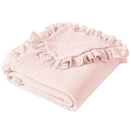 Konssy Flounce Muslin Baby Blanket for Girls Boys, 100% Cotton Soft Crib Swaddle Blankets, Reversible & Breathable Nursery Bedding for Newborns Toddlers, 43 x 39 Inches (Baby Pink) - color: Baby Pink, size: 43"x39"