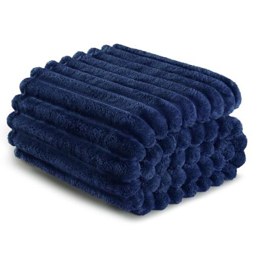 Exclusivo Mezcla Queen Size Flannel Fleece Blanket, Super Soft Striped Jacquard Bed Blanket, Lightweight Fuzzy Cozy for All Seasons, 90x90 Inches, Navy Blue - color: Navy Blue, size: Queen ( 90x90 IN )
