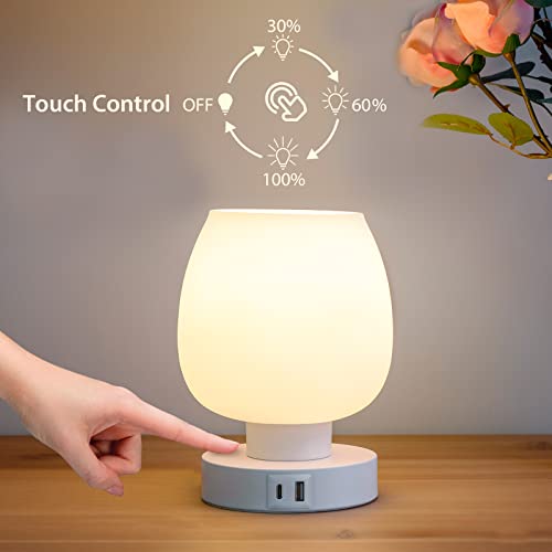 Touch Bedside Table Lamp - Small Lamp for Bedroom with USB C+A Charging Ports 3 Way Dimmable, Nightstand Desk lamp with White Opal Glass Lamp Shade Warm LED Bulb Included, Simple Design Gifts - color: USB-white_1pack, size: USB