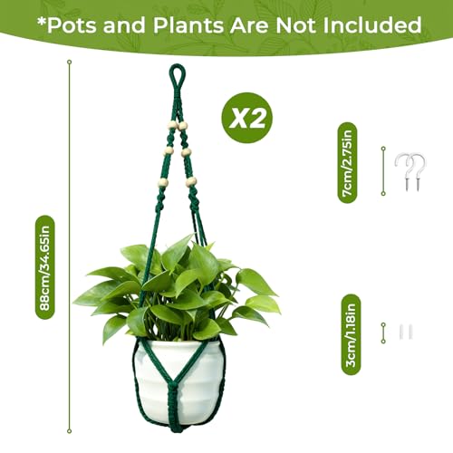 Macrame Plant Hanger,Up to 4-15 inch Pots, Wood Beads Cotton Hanging Planter Holder for Indoor Outdoor Boho Home Decor, 35 Inch, Ivory, Set of 2 (Green) - color: Green