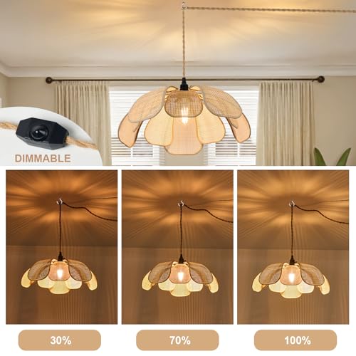20 Inch Boho Flower Chandeliers for Dining Room Farmhouse Rattan Pendant Lights Girl Chandelier Hand Woven Bedroom Light Fixture Dimmable Plug in Hanging Lamp for Kitchen Island - size: 20 Inch Plug In