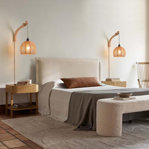 Plug in Wall Sconce,Farmhouse Wicker Wall Lamp Plug in,Hand Woven Rattan Wall Light Farmhouse Rustic Boho Sconces Wall Lighting for Living Room Bedroom - color: 7.87IN Rattan, size: 1 PACK