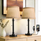 Oneach 19.5" Black Table Lamp Set of 2, Small Bedside Table Lamps with Unique Natural Shade, Pull Chain Switch, USB A+C Charging Ports, Rustic Nightstand Lamps for Living Room, Bedroom, Nursery - color: Black USB-2Pack