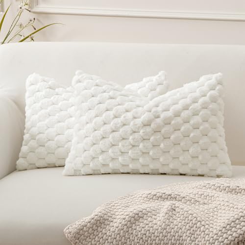 MIULEE White Faux Fur Lumbar Decorative Throw Pillow Covers 12x20 Inch Set of 2 Super Soft Cozy Plush Cushion Cases Luxury Fluffy Pillowcases for Sofa Couch Bed Living Room - color: White, size: 20" x 12" (Pack of 2)