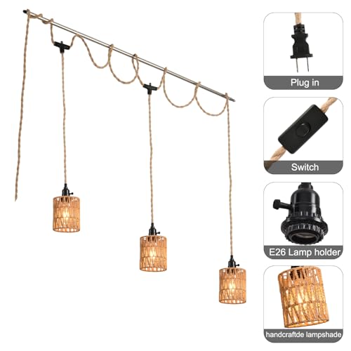 3-Light Hanging Light with Plug in Cord,Plug in Pendant Light 22ft Hemp Rope Pendant Lighting Vintage 3-Light Hanging Lamp Fixtures for Kitchen Island Living Room Bedroom - color: 3 Light Hemp Rope