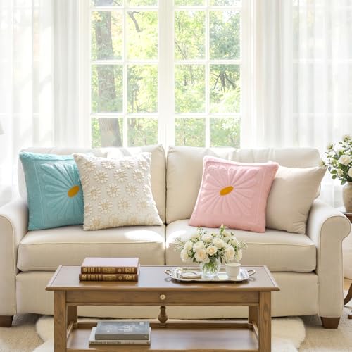 EMEMA Set of 2 Spring Summer Sunflower Floral Pillow Covers, Plush Faux Fur Decorative 18x18 Cushion Cases Adding a Soft, Bright Seasonal Accent to Sofa Couch Bed Modern Farmhouse Living Room, Pink - color: Light Pink, size: 18" x 18" (Pack of 2)