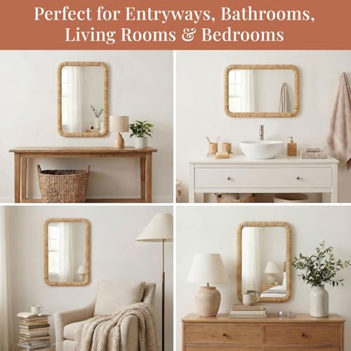 Barnyard Designs Rattan Wall Mirror, Rectangular Farmhouse Boho Accent for Bathroom, Entryway or Bedroom, Woven Natural Honey Rattan Frame (20" × 30", Rectangular) - size: 30"L x 20"W