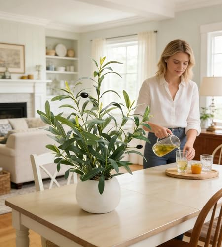 17" Artificial Olive Potted Plant with White Ceramic Planter Faux Olives Realistic Tabletop Indoor Plant for Home Office Kitchen Bathroom Decor - color: Olive