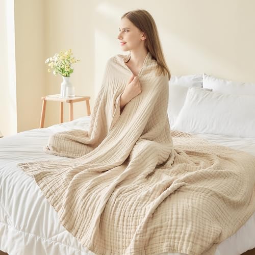 EMME Cotton Throw Blanket for Couch Soft Muslin Blankets 50"x60" Lightweight Breathable Blanket Beige All Season Gauze Blanket - color: 02 - Beige, size: Throw (50" x 60")