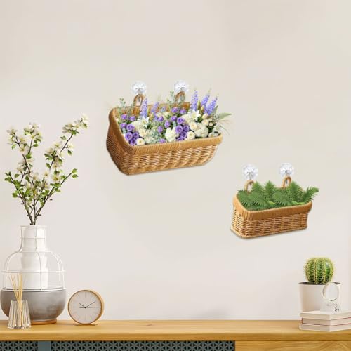 Wicker Wall Hanging Baskets,2 Pcs Handmade Rattan Hanging Wall Baskets for Plants,Flowers,Fruit,Vegetable and Magazines,Woven Wall Mount Decorative Basket for Kitchen, Living Room (Rectangle) - color: Rectangle