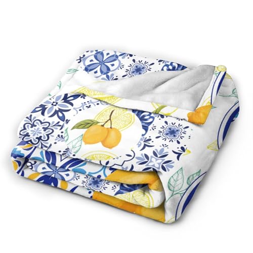 Summer Lemon Throw Blanket for Couch Chair Sofa Bed, Flannel Soft Watercolor Mediterranean Ceramic Tiles Floral Blanket for Bedroom Living Room Car, Warm Cozy Blankets for All Season 30"x 40" - color: Lemon04, size: 30X40 inch
