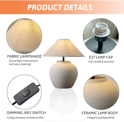 Farmhouse Table Lamps Black 18.8" Tall Ceramic Table Lamp Rustic Southwestern Clay Pot Ceramic Lampshade with Fabric Shade Bedside Nightstand for Living Room Bedroom House Office Entryway (White) - color: White