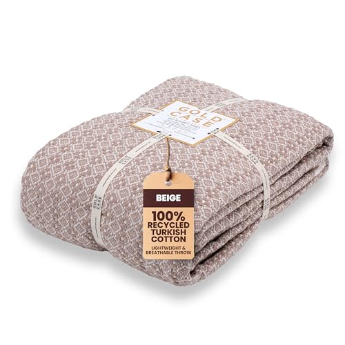 Gold Case Throw Blanket for Bed - 100% Recycled Turkish Cotton Blanket - Retro Lightweight Soft Throw Blankets for Bed & Living Room - Twin Size Cozy Blankets - 71x90 - Beige - color: Retro Beige, size: 71x90"