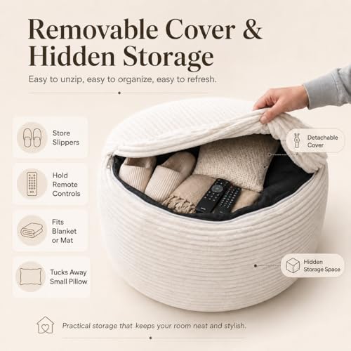 Round Pouf Ottoman Foot Rest 20 X 15 - Floor Pouf for Living Room Seating, Soft Corduroy Ottoman, Lightweight Foot Stool for Couch - color: Beige, size: 20"D x 20"W x 15"H