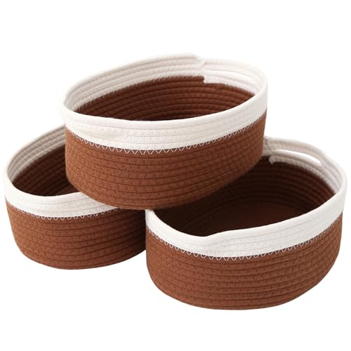 JMvicyroam Woven Basket,Small Rope Storage Bin with Handles & Ribbon Bag, Organizer for Shelves Closets,Gift Basket Empty for Birthday,Books,Dog Toys, White&Brown/3 Pack - color: White&Brown, size: 3 Pack