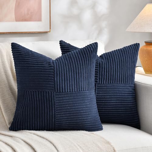 Fancy Homi 2 Packs Navy Blue Samll Decorative Throw Pillow Covers 12x12 Inch with for Couch Bed Sofa, Rustic Farmhouse Boho Home Decor, Soft Corss Patchwork Corduroy Square Cushion Case 30x30 cm - color: Navy Blue, size: 12" x 12" (Pack of 2)