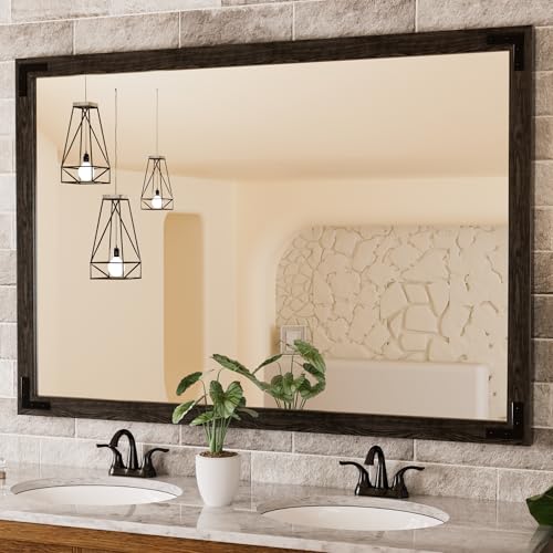 TETOTE 55 x 36 Black Wood Mirror for Bathroom Wall/Bedroom/Living Room/Entryway Farmhouse Rustic Bathroom Vanity Mirror for Over Sink Waterproof (Horizontal/Vertical Mounted) - color: Black Wood, size: 36"L x 55"W