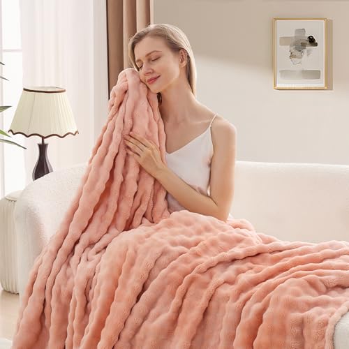 3D Bubble Plush Blanket Textured Fleece Throw Soft Warm Cozy Blanket Couch Bed Throw Pink 50x60 Inches - color: Petal Pink, size: Throw(50"x60"）