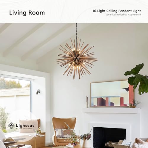 31.3" Farmhouse Sputnik Chandelier for Dining Room Rustic Handmade Natural Wood 16-Light Hanging Ceiling Pendant Light Fixture Starburst Wood Chandeliers for Kitchen Bedroom Foyer Hallway - size: Diameter 31.3", 16-Light