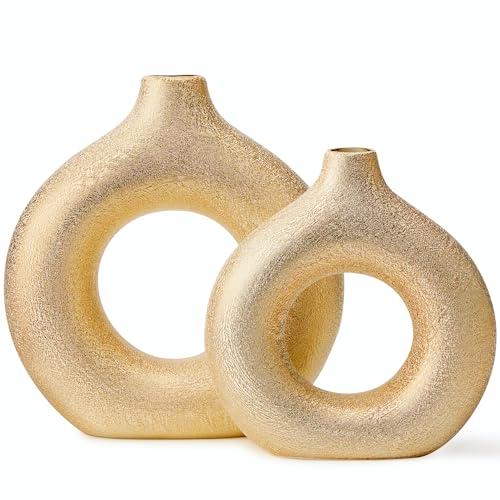 Modern Donut-Shaped Decorative Vases, Handmade Minimalist Boho ins Style, Modern Vase for Home Decor for Wedding Dinner Table Party Living Room Office Bedroom (Gold, Extra Large + Large) - color: Gold, size: Extra Large + Large