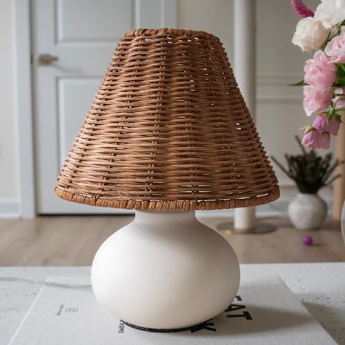 11" Small Table Lamp – Handmade Ceramic Cream Base with Wicker Rattan Shade, Dimmable Plug-in Nightstand Light for Bedroom, Kitchen Counter, or Small Spaces – Boho Japandi Organic Decor - color: Natural Woven Rattan Shade