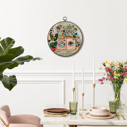 JUIOEIU Trendy Retro Leopard Laundry Room Round Wall Decor, Maximalist Laundry Framed Canvas Prints, Tropical Botanical Cheetah Animal Wall Art Hanging Decorations for Washroom Decor, 10x10in - color: Laundry room06
