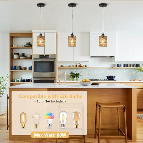 LAMSU 3 Pack Rattan Pendant Lights Kitchen Island, Farmhouse Pendant Lighting with Hand Woven Wicker Shade, Boho Chandelier Light Fixtures Ceiling Hanging for Dining Room Bedroom Foyer Hallway - size: 3 Pack