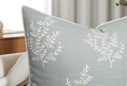 VAGMINE Embroidered Fern Botanical 18x18 Throw Pillow Cover - Blue Grey Cotton Square Cushion for Sofa Couch Bed - Cottagecore Farmhouse Home Decor - Leaves - color: Robins Egg-leaves, size: 18" x 18" (Pack of 1)