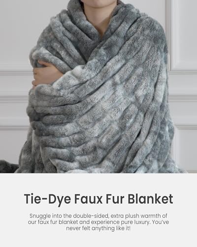 Faux Rabbit Fur Throw Blanket, Ultra Soft Plush Cozy Blanket for Couch Bed, Thick Fluffy Ruched Tie-Dye Decorative Blanket, Giftable,60"x80",Tie-Dye Gray - color: Tie-dye Gray, size: Twin(60"x80")