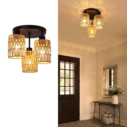 Surpars House Boho Rattan Ceiling Light Fixture, Mini Rattan Chandelier Lighting Fixture, Hand Woven Ceiling Light Fixtures for Hallway Bedroom Kitchen Entryway Living Room (Brown) - color: Brown