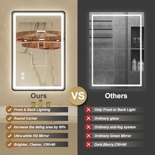 24x32 Inch LED Bathroom Mirror with Lights, Black Framed Bathroom Vanity Mirror with Frontlit & Backlit, Stepless Dimmable, Memory Functions, Anti-Fog, Wall Mounted, 3 Colors - color: Black, size: 24"L x 32"W