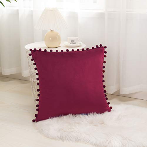 Elegant Comfort POM-POMS Fringe Velvet Cushion Covers Set of 2, Velvet Soft Solid Decorative Square Throw Pillow Covers Set Cushion Case for Couch Bed, Livingroom 20 x 20 Inch (50 x 50 cm), Burgundy - color: Burgundy, size: 20" x 20" (Pack of 2)